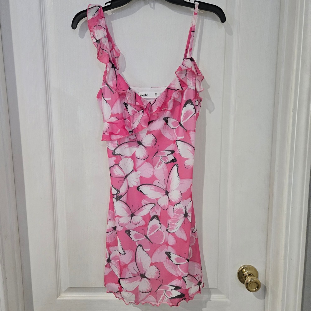 Elodie Butterfly Print Mesh Mini Dress Womens Medium Pink Y2K Ruffle Fairycore
